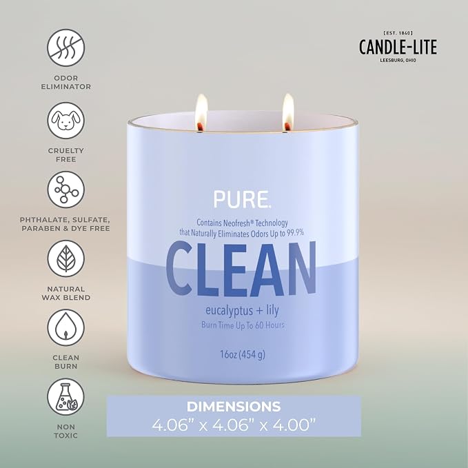Candle-Lite Pure Eucalyptus & Lily Odor Eliminating Scented Candles, Neofresh Technology Eliminates 99.9% of Odors, 16 oz 2-Wick Jar, Proudly Poured in The USA, Up to 60 Hours Burn Time