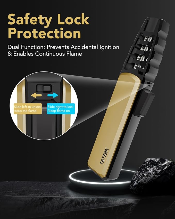 TBTeek Butane Torch Lighter - Adjustable Jet Flame Lighter, Refillable Bright Fire Blow Torch, Cooking Lighter with Safety Lock for creme, BBQ, Baking, Candle, Camping, Gold (Gas Not Included)