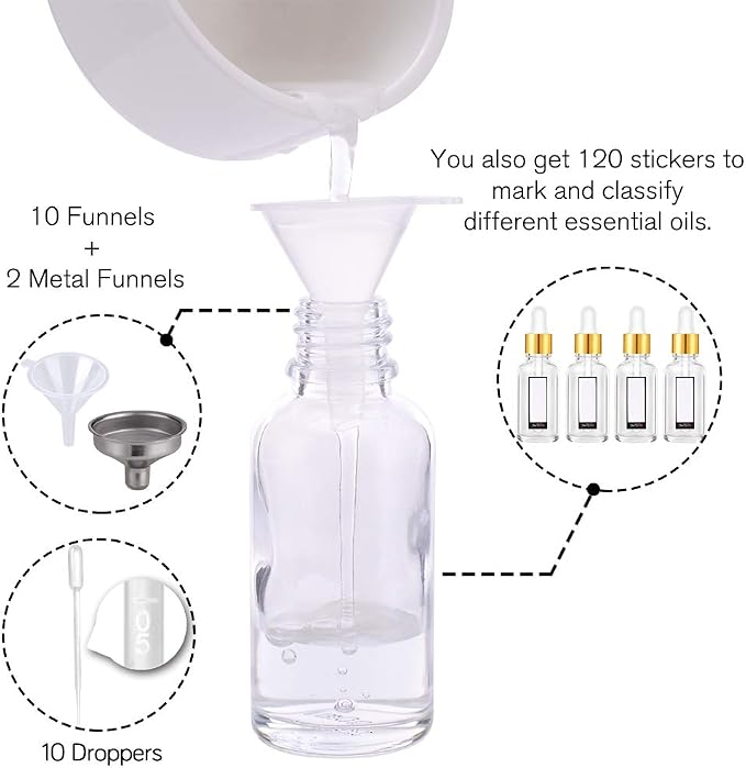 PrettyCare Glass Eye Dropper Bottles 2oz (60ml), 63 Pack Clear Empty Thick Bottles Bulk with Leakproof Golden Caps - With Labels & Funnels for for Storage, Travel,Essential Oils, DIY Serums, Tincture