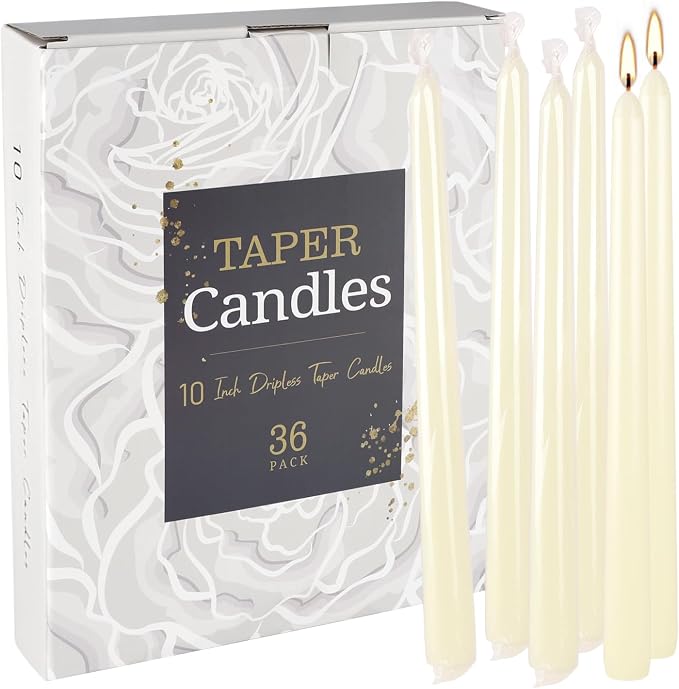 YOROXRG 36 Pack Ivory White Taper Candles, 7-8 Hours Burn Time, Unscented, Smokeless and Dripless, 0.8 x 10 Inch Dinner Candle Set for Household, Wedding, Party and Home Décor Candlesticks