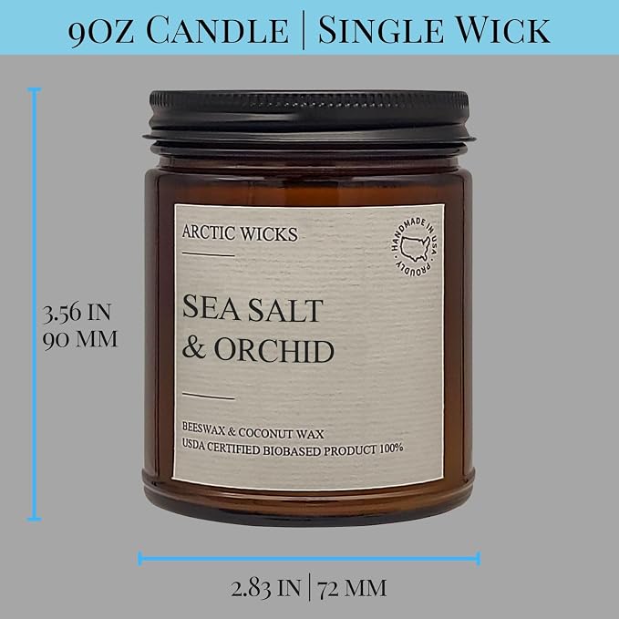 Arctic Wicks Scented Coconut Beeswax Candles | Coconut Beeswax Non Toxic Candle 9oz Amber | Farmhouse Candles Non-Toxic Clean Burn 100% USDA Certified Biobased (Sea Salt & Orchid)