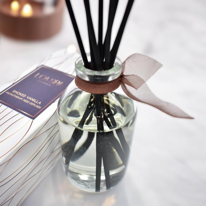 Smoked Vanilla Reed Diffuser Set, Living Room Decor, Home Fragrance | Smoked tahitian vanilla, sandalwood, and leather profile, entryway, office shelf, guest bathroom, powder room, living room