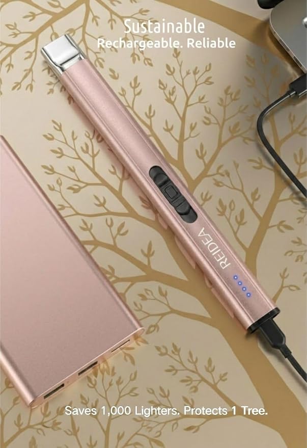 REIDEA Electric Lighter, R1 Pro Windproof Flameless USB Rechargeable Arc with Safe Button and Power Indicator for Candle, BBQ and Fireworks, Rose Gold