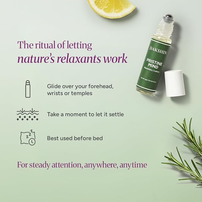 DAKSHIN Pristine Mind Essential Oil Roll-On | Rosemary, Lemon, Basil & Peppermint | Naturally Clarifying Focus Aromatherapy | Cruelty-Free | 10ml