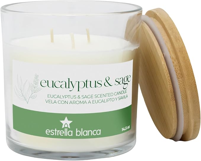 Eucalyptus Sage Scented Candles, 14.5 oz 3 Wick Candle, Large Jar, Long Lasting Burn, Fresh Herbal Aroma for Relaxation, Spa, Home Décor, Living Room, Bedroom, or Gift