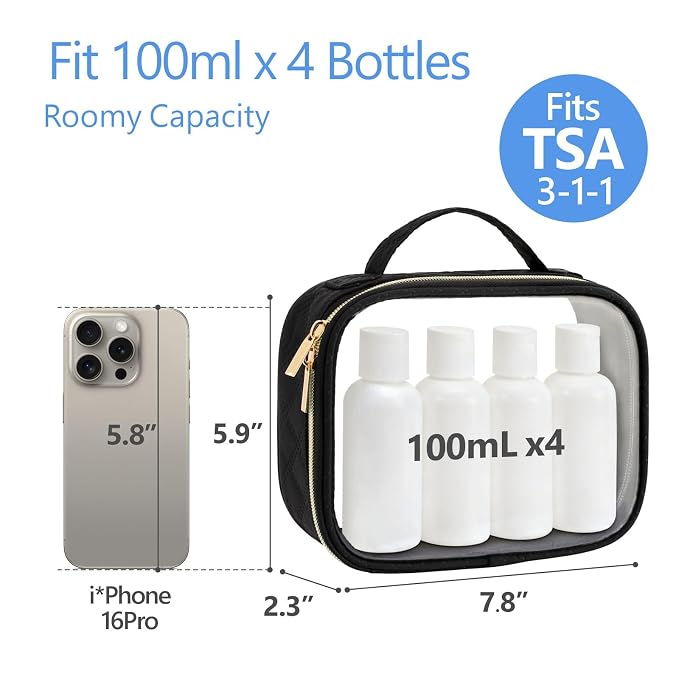 PACKISM TSA Approved Toiletry Bag 3 Medium, 3-1-1 Compliant Clear Makeup Bags with Handle, Quart Size Toiletry Bags Fit Carrv-on Travel Essentials, Water Resistant PVC, Black