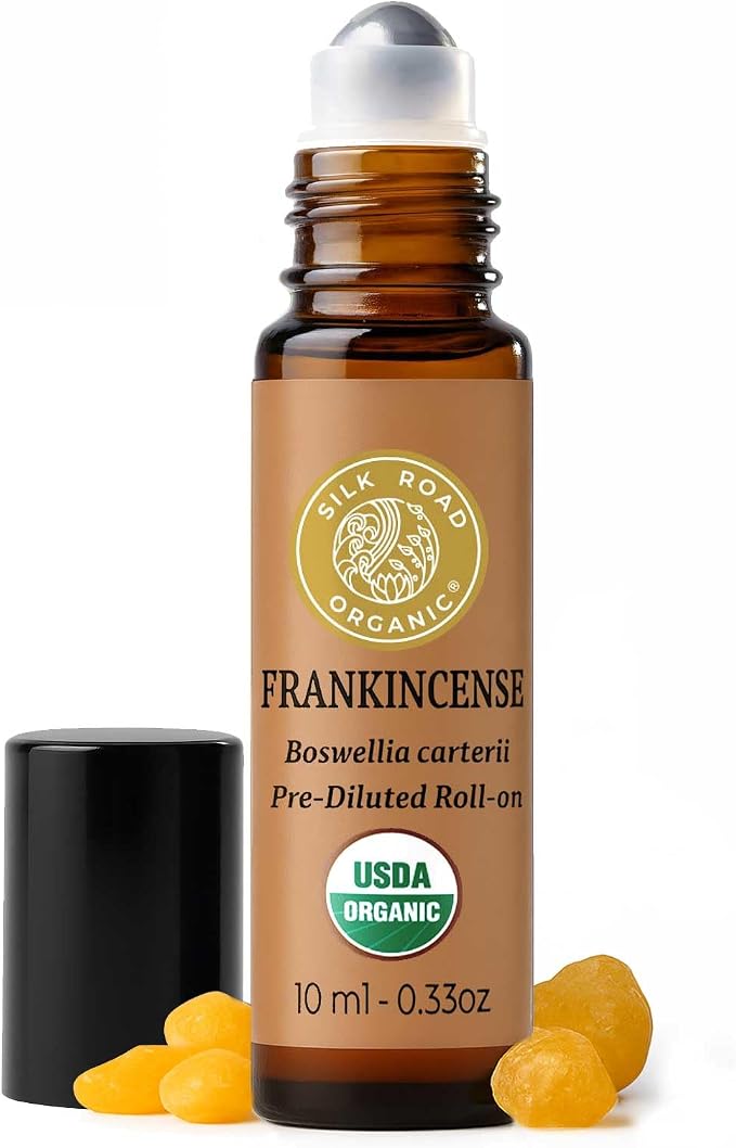 Silk Road Organic Frankincense Carterii Essential Oil Roll On, 100% Pure USDA Certified Aromatherapy for Radiant Skin, Body Aches, Stress Relief, & Calm - 10 ml Roller