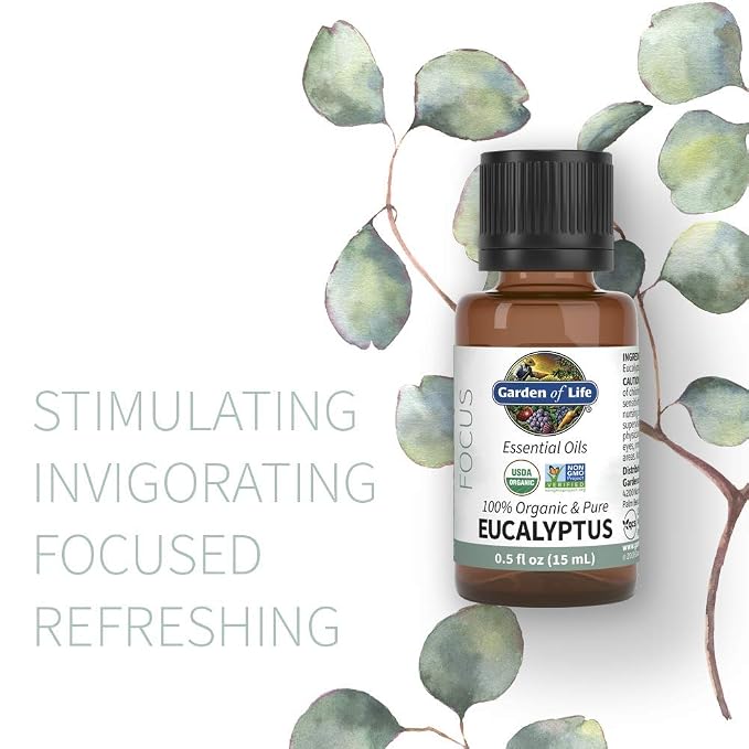 Garden of Life Eucalyptus Essential Oil – 100% Pure Essential Oil for Diffuser, Aromatherapy, Meditation, Clarity and Focus, USDA Organic, Non-GMO, 0.5 fl oz