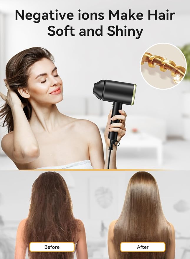 Hair Dryer, 150000RPM Ionic Blow Dryer - Fast Drying, Low Noise, Foldable Portable with Diffuser and Nozzle, Compact Mini for Women and Men, Home and Travel (Black)