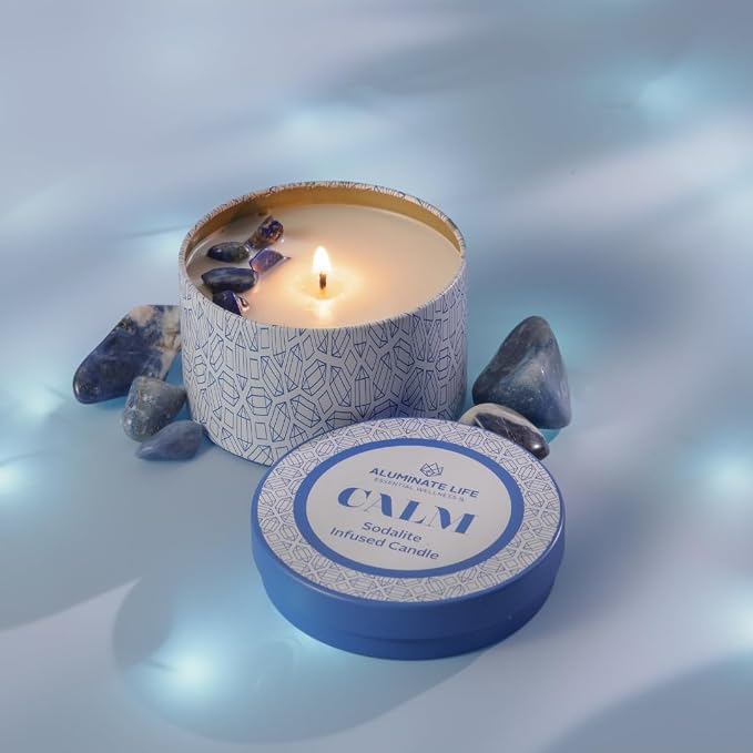 Calm Crystal-Infused Scented Candle Tin with Healing Sodalite - Scents of Chamomile, Howood, & Sage - Destress, Insight, Serenity, & Peace - Coconut Wax Blend, Luxury Gift 6 oz