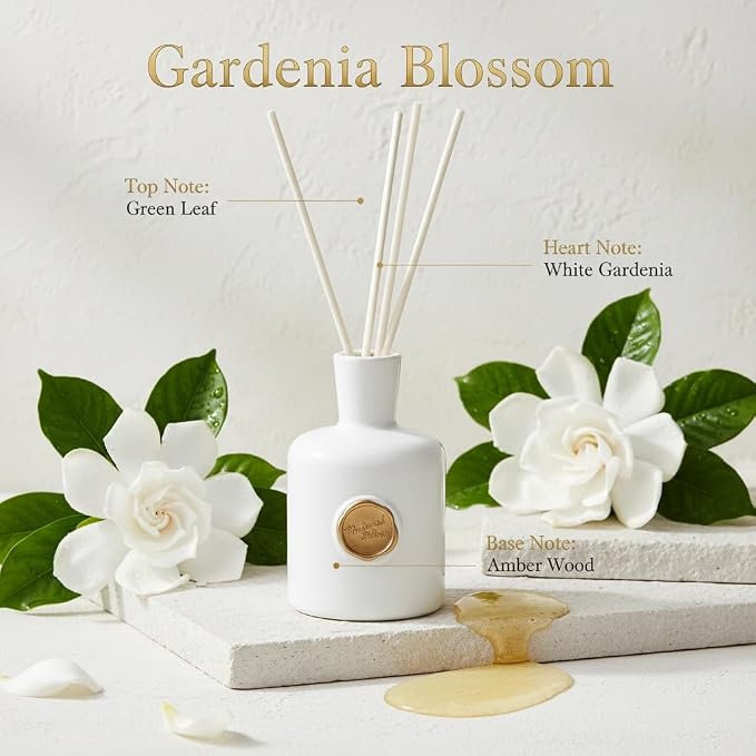 Reed Diffuser Set-Gardenia-Strong Scent, Long-Lasting Evaporation with Natural Reed Sticks & Essential Oils, Elegant Fragrance for Bathroom Bedroom Office Decor Air Fresh-Ideal Gifts