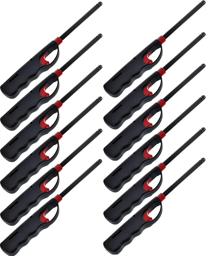 12 Pack - Fuel Included Handi BBQ Grill Click Flame Long Stem Lighter - Refillable Butane Gas Candle Fireplace Kitchen Stove Wind Resistant, Red (12)