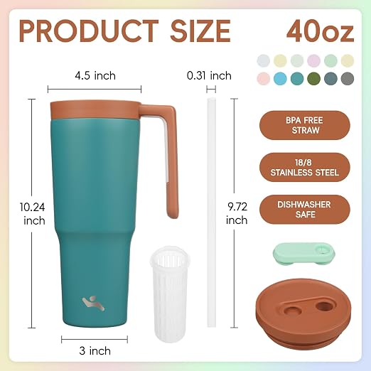 Konokyo 12 Pack 40 Oz Tumblers with Handle and Straw, Bulk Vacuum Insulated Stainless Steel Travel Mugs with Lids for Office, Events and Group Orders Lake Blue