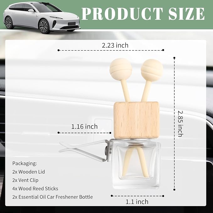 2PCS Car Diffuser Bottle with Vent Clip,Refillable Car Air Freshener with Wooden Lid and Stick,Transparent Empty Cars Diffuser Bottles as Cars Diffusers for Essential Oils