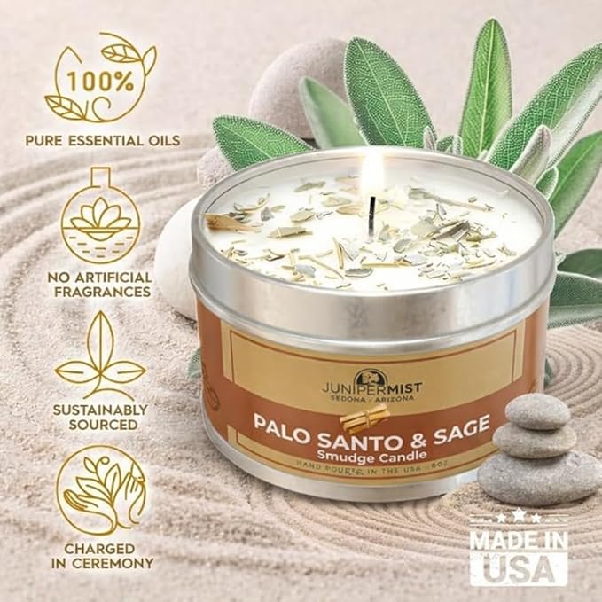 Palo Santo & Sage Smudge Candle (6oz) Ground & Purify - Pure Sage Energy Cleansing Candle for House Cleansing Negative Energy – Spiritual for Protection & Intention – Soy Wax - Made in The USA