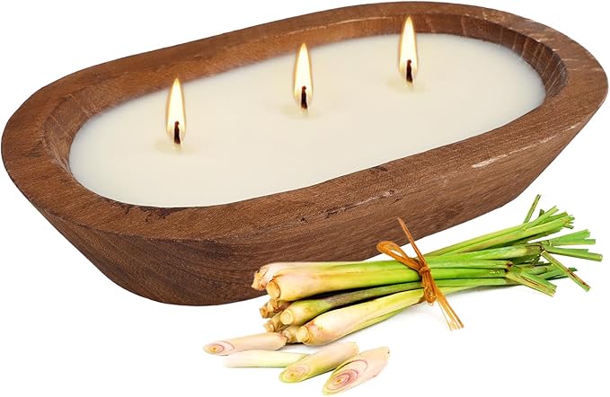 Citronella Candle in Wooden Bowl, 8oz Triple-Wick Smokeless Candle, Clean Burning Natural Citronella Scented Candle for Home Decor, Patio, Garden and Relaxation