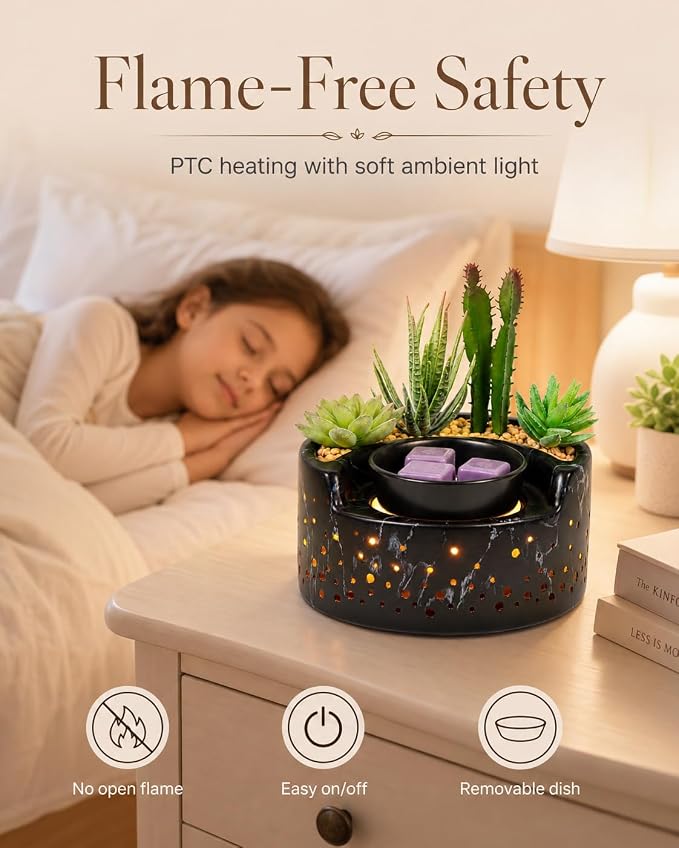 4-in-1 Ceramic Wax Warmer, Electric Scented Wax Melter with Hot Plate, 7-Color LED Candle Warmer Lamp, Aromatherapy Oil Diffuser & Succulent Marble Decor, for Yoga Room Home Office, Gift for Women
