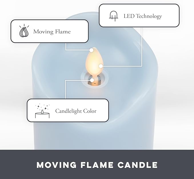 Matchless Candle Co. by Luminara Set of 3 (3" x 4.5",5.5",6.5") Flameless LED Flickering Battery Candle Moving Flame Pillar, Melted Edge, Real Wax Smooth Finish (Pastel Blue)