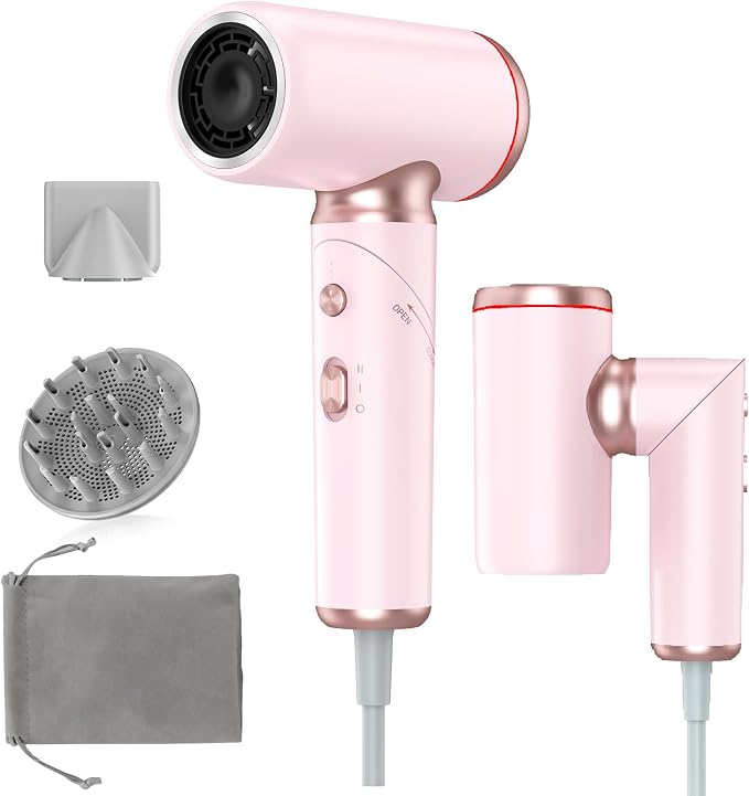 Dual Voltage Hair Dryer Travel Europe Foldable, High Speed Ionic Blow Dryer Fast Drying,100-240V Portable Dryers with Magnetic Nozzles,1300W, Pink