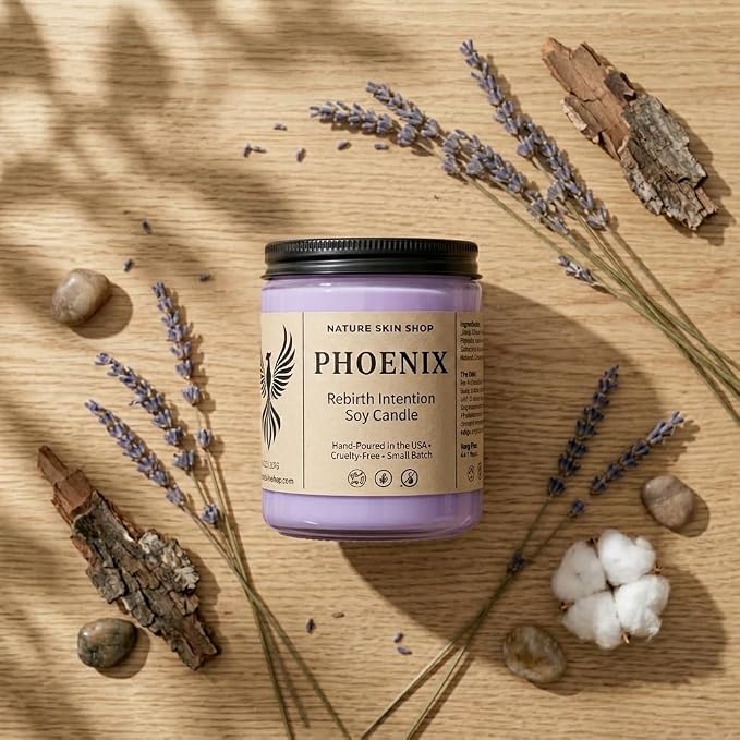 Nature Skin Shop Phoenix Rebirth Artisan Soy Candle Smoked Oud and Amber Aromatherapy Home Fragrance Vegan Cotton Wick 8.5 oz