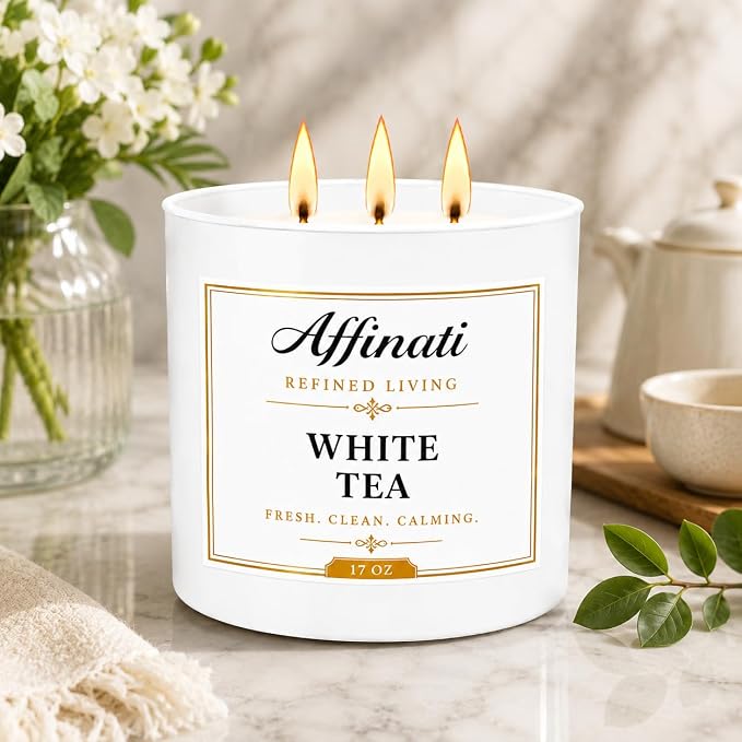 Affinati White Tea 3 Wick Scented Candle – Large Soy Blend Candle, Strong Scent Throw Fresh Crisp Herbal Spa Aromatherapy Candles for Home, Premium Luxury Home Fragrance