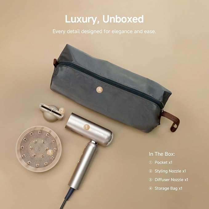Dreame Pocket Hair Dryer 2026 New, Portable Folding Blow Dryer with Diffuser, Fast Drying, High-Speed Brushless Motor, 300M Negative Ions, Lightweight, Low Noise, for Home & Domestic Travel & Gym