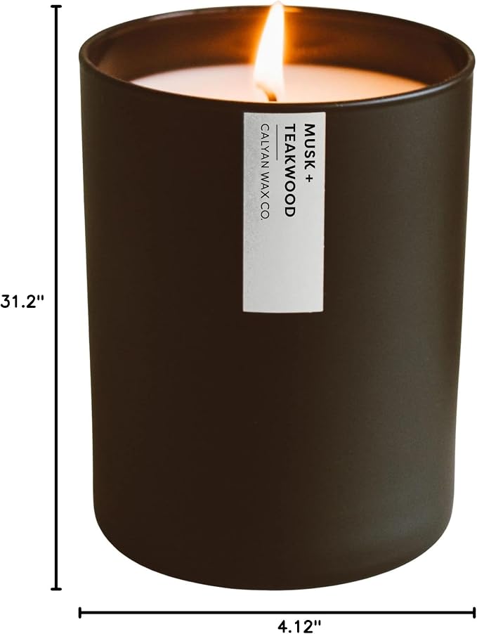 Calyan Wax Co. Musk & Teakwood Scented Candle - 75 Hour Burn - Luxury Clean Soy Wax Candles - Long Lasting Black Tumbler Jar Candle for Home - 10.2oz