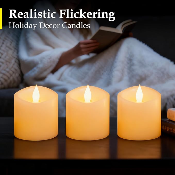 Flameless Candles with Remote & Timer - 3×3'' Ivory Pillar LED Candles Battery Operated,Fake Candles for Indoor Outdoor - Realistic Flickering Flame Holiday Wedding Church Decor (3-Pack)