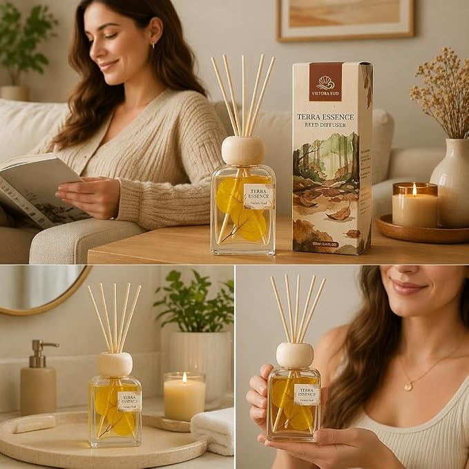 Terra Essence Reed Diffuser Set, Natural Wood & Forest Scent, Long Lasting Home Fragrance with Dried Leaves Decor, 100ml Essential Oil Diffuser for Living Room, Bathroom, Office, 3.4 FL OZ
