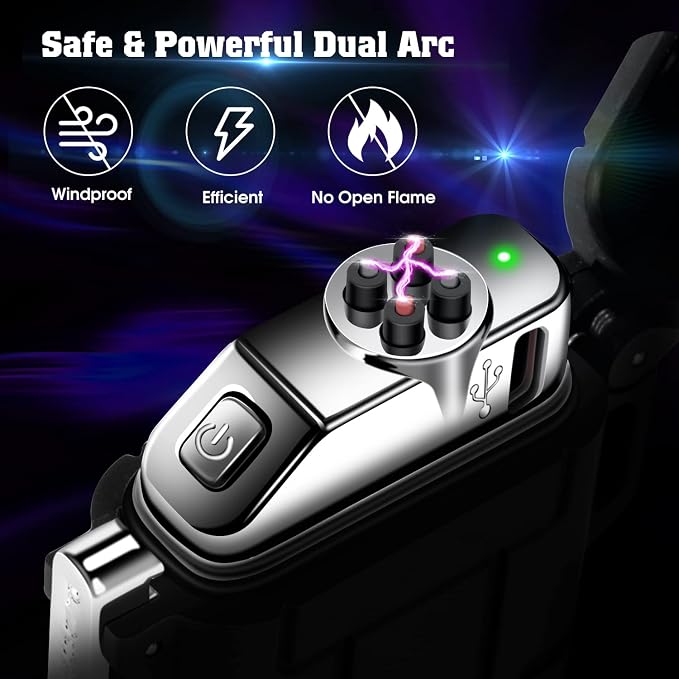 LcFun Electric Lighter USB C Rechargeable Plasma Lighter Windproof Flameless Arc Lighters, Waterproof Matches for Hiking, Camping, Outdoor, Survival, Tactical, EDC Gear (Black)
