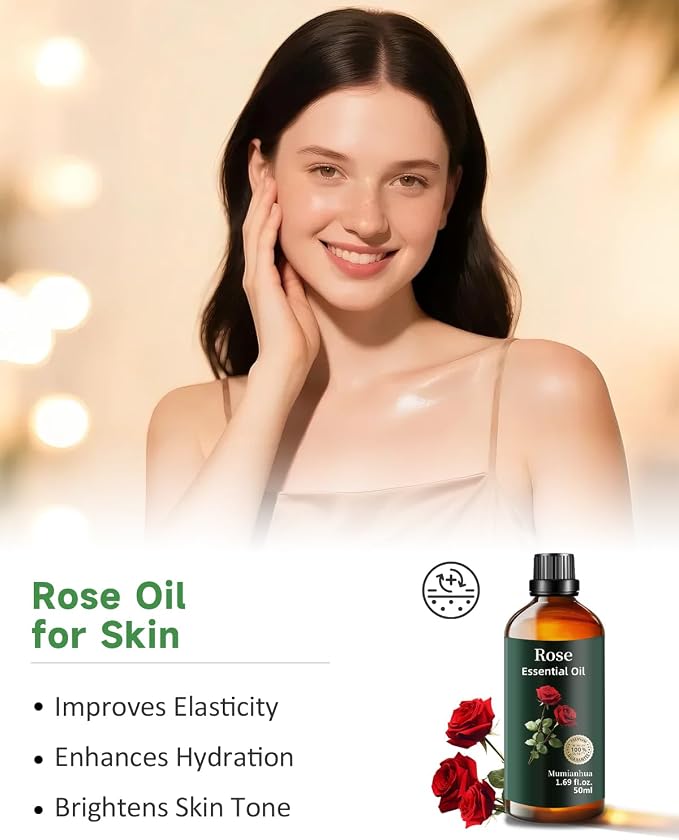 Rose Essential Oil, Pure Mumianhua Natural Floral Oil for Evening Wellness & Skin Radiance, Aromatherapy for Diffuser, Massage, Hair Care, Cologne, Candle & Soap Making – 1.69 Fl Oz