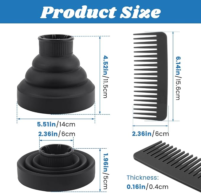 Universal Collapsible Hair Dryer Diffuser, Travel Hair Dryer Diffuser Attachment with Comb, Portable Hairs Diffusers Blow Dryers Attachment for Natural Thick Hairs(Black)
