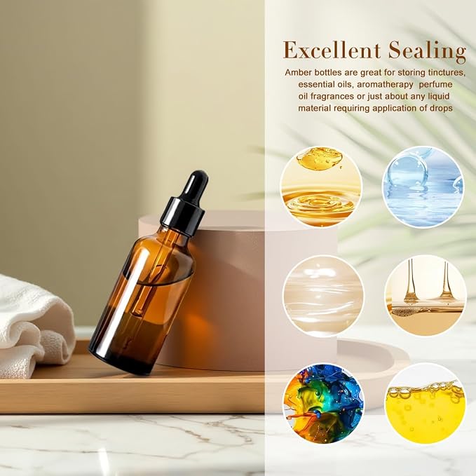 erioctry 5ML/10ML Amber Glass Essential Oil Bottles and Eyed Dropper Black Caps Makeup Cosmetic Sample Container Boxes of Glass for Essential Oil Aromatherapy Use(Pack of 12) (5ML)