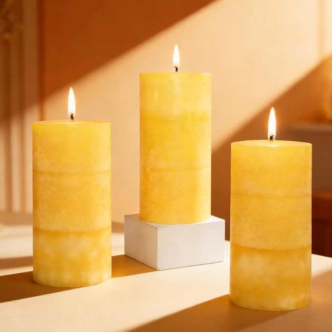 3 x 6 Inches Pillar Candles Lemon Scented Yellow Decorative Rustic Candles Citrus Scent Clean Burning Hand-Poured Large Candles Decorative for Home Aesthetic Relax Spa Bathroom