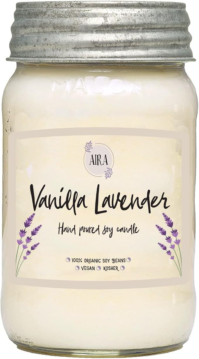 Aira Soy Candles - Organic, Kosher, Vegan, in Mason Jar w/Therapeutic Grade Essential Oil Blends - Hand-Poured 100% Soy Candle Wax - Paraffin Free, Burns 110+ Hours -Vanilla Lavender Scent -16 Ounces