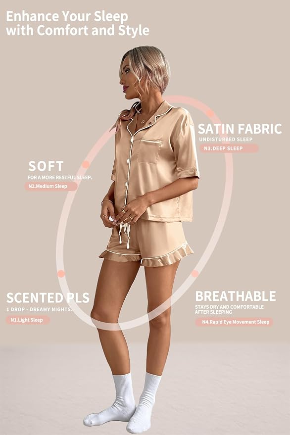 CHYRII Women's Silk Satin Pajamas Two Piece Pj Sets Short Sleeve Tops Ruffled Shorts Sleepwear with Magnetic Diffuser