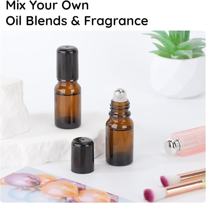 Segbeauty 0.34oz Glass Roller Bottles for Essential Oils, 5pcs Amber Refillable Roll On Bottles, 10ml Empty Rollerball Bottle for Oil, Small Travel Size Containers for Perfume Cosmetics Liquids