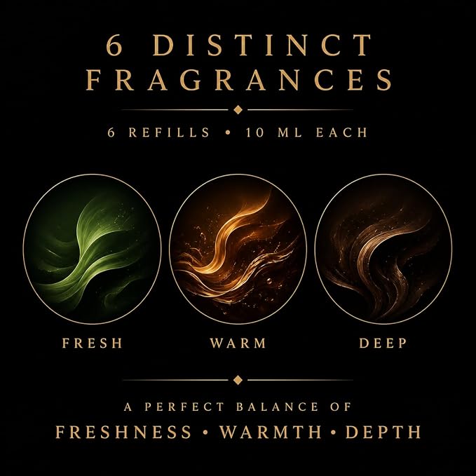 Car Air Freshener Refill Liquid Set of 6 x 10 ML - Smart Car Air Freshener Refill - Car Fragrance Refill - Car Diffuser Refill (Noir Essence Collection)