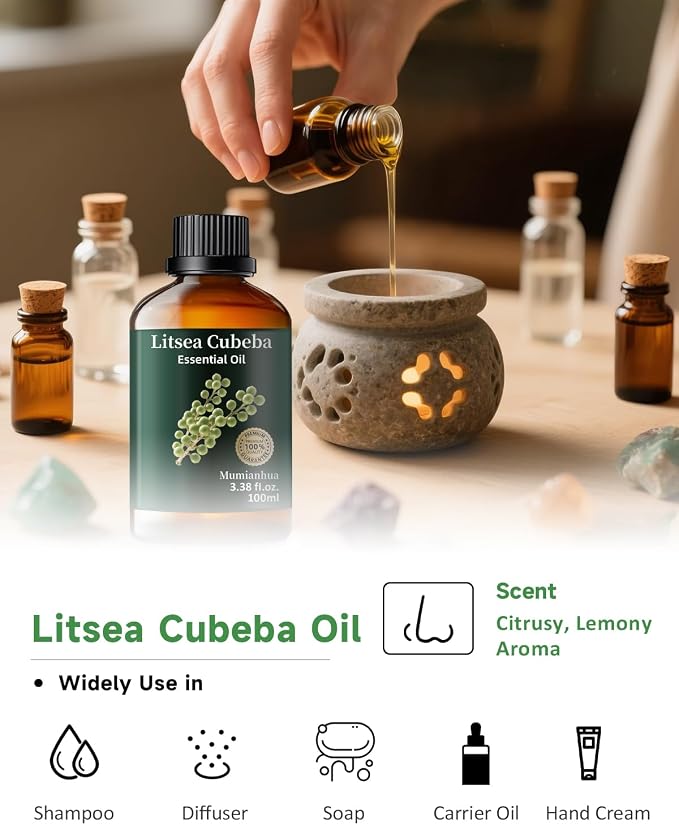 Litsea Cubeba (May Chang) Essential Oil, Pure May Chang Oil Mumianhua Refreshing Lemon-Citrus Scent for Diffuser, Oily Skin & Natural Cleaning, Uplifts Mood & Purifies Air, 3.38 Fl Oz