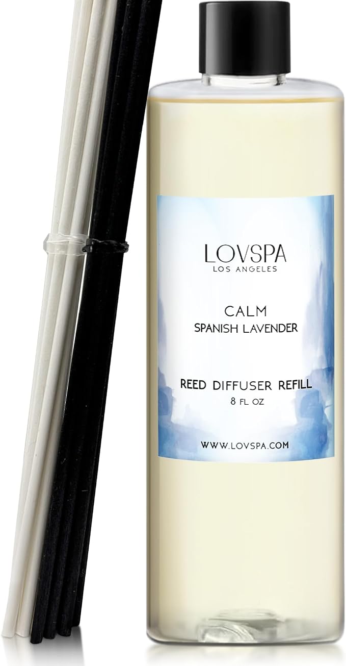 Calm Spanish Blue Lavender Diffuser Oil Refill, 8 oz, Room Fragrance | Blue lavender, clary sage, and violet leaf profile, includes replacement reeds, spa aroma, guest bathroom, home scent