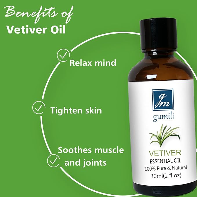 GM Gumili Vetiver Essential Oil 1 Oz - 100% Pure & Natural Vetiver Oil for Diffuser, Aromatherapy, Skin, Hair, Massage, Relaxing Scent