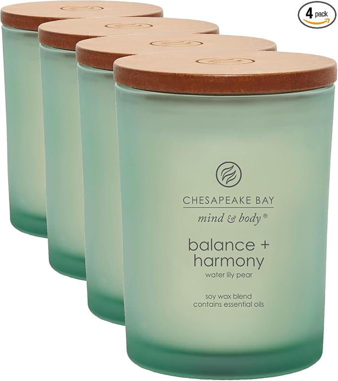 Chesapeake Bay Balance + Harmony Scented Candle Water Lily Pear Fragrance 50 Hours Burn Time Warm & Decorative Soy Wax Blend (Pack of 4)