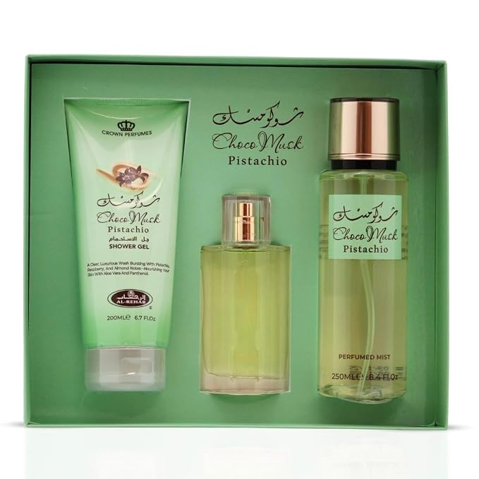 Al-Rehab Choco Musk Pistachio 3-Piece Gift Set – Eau de Parfum 50ml + Shower Gel 200ml + Body Mist 250ml – Pistachio & Vanilla Unisex Collection