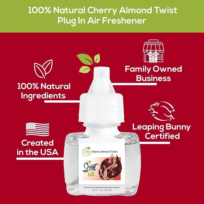 Scent Fill 100% Natural Cherry Almond Twist Plug in Air Freshener, Scented Oil Refills, 3 Refills