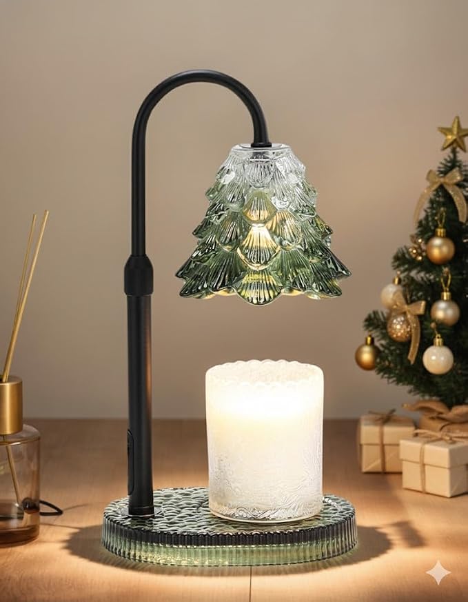 Candle Warmer Lamp with Timer & Dimmer, Crown Glass Lamp Candle Warmer for Jar Candles, 2 Bulbs, Height Adjustable Electric Wax Warmer for Elegant Home Decor (Evergreen Glow)