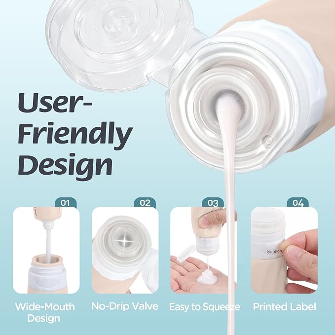 6Pcs Travel Bottles for Toiletries, TSA Approved Travel Size Toiletries Containers Set, BPA-FREE Silicone Leak Proof Refillable Bottles and Jars, Women & Men Airplane Cruise Essentials Kit(CREAM)