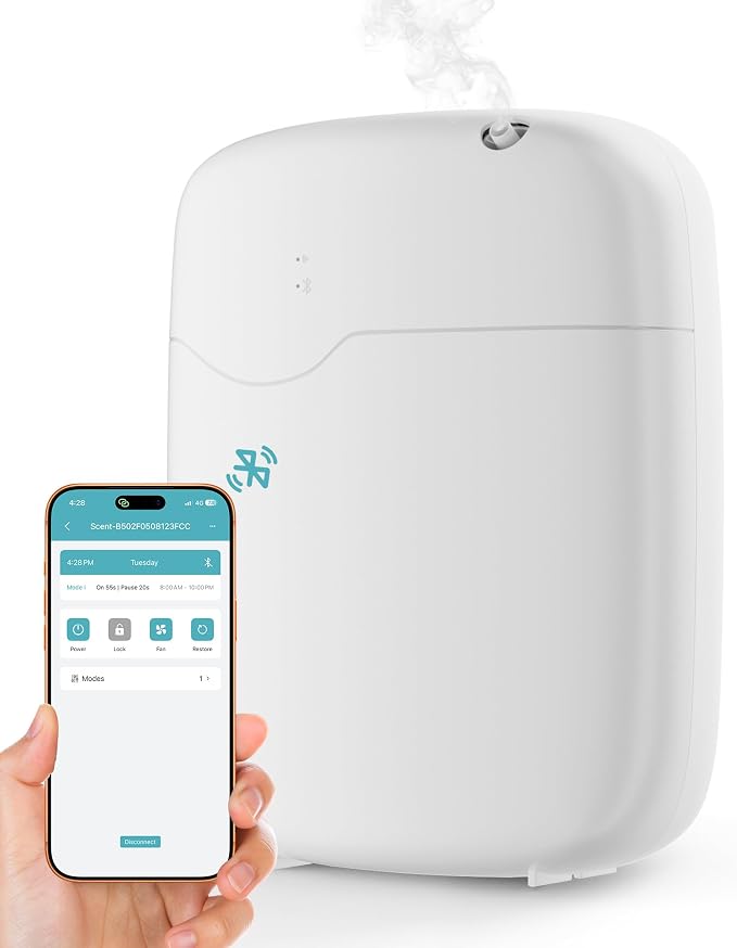 Waterless Essential Oil Diffuser with Bluetooth App Control, Smart Scent Air Machine Covers Up to 3000 Sq Ft for Home, Hotel & Spa, Quiet Aromatherapy Diffuser with Timer & Mode (White)