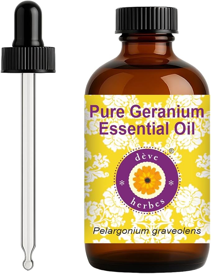 dève herbes Geranium Essential Oil (Pelargonium graveolens) with Glass Dropper | Pure | Non-Sticky | Non-Greasy | Lightweight | Men & Women | All Skin Types | Steam Distilled 120ml (4 oz)