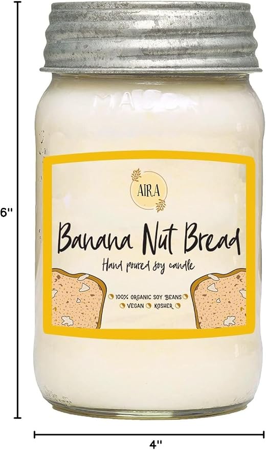 Aira Soy Candles - Organic, Kosher, Vegan, in Mason Jar w/Therapeutic Grade Essential Oil Blends - Hand-Poured 100% Soy Candle Wax - Paraffin Free, Burns 110+ Hours - Banana Nut Bread -16 Ounces