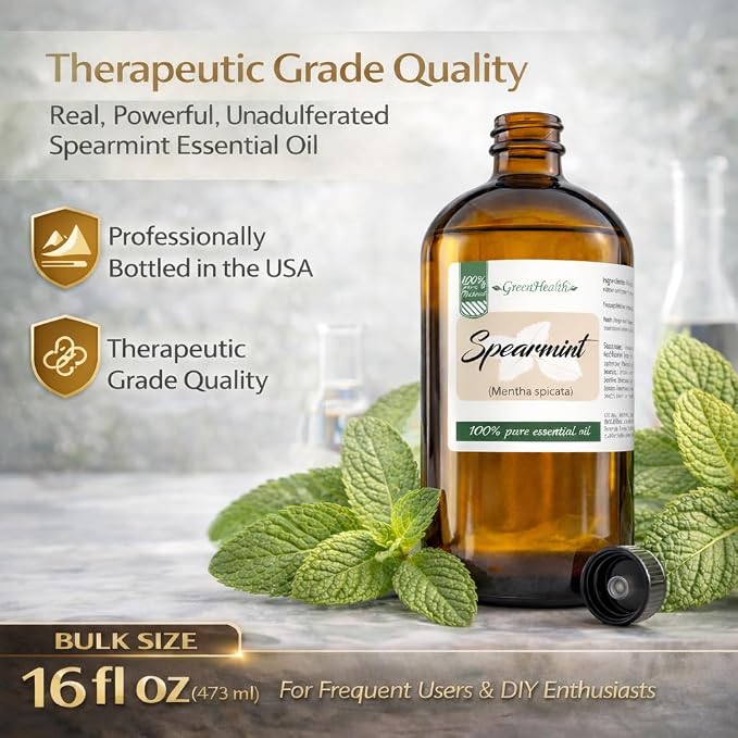Spearmint Essential Oil – 16 fl oz (473 ml) – 100% Pure & Natural Mentha Spicata – Therapeutic Grade Bulk Essential Oil in Amber Glass Bottle with Dropper – GreenHealth